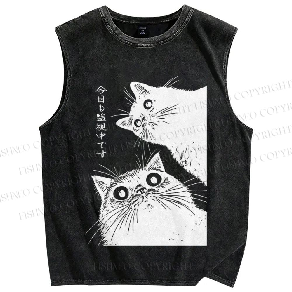 Unisex The Cat is Watching Today Printed Washed Tank Top
