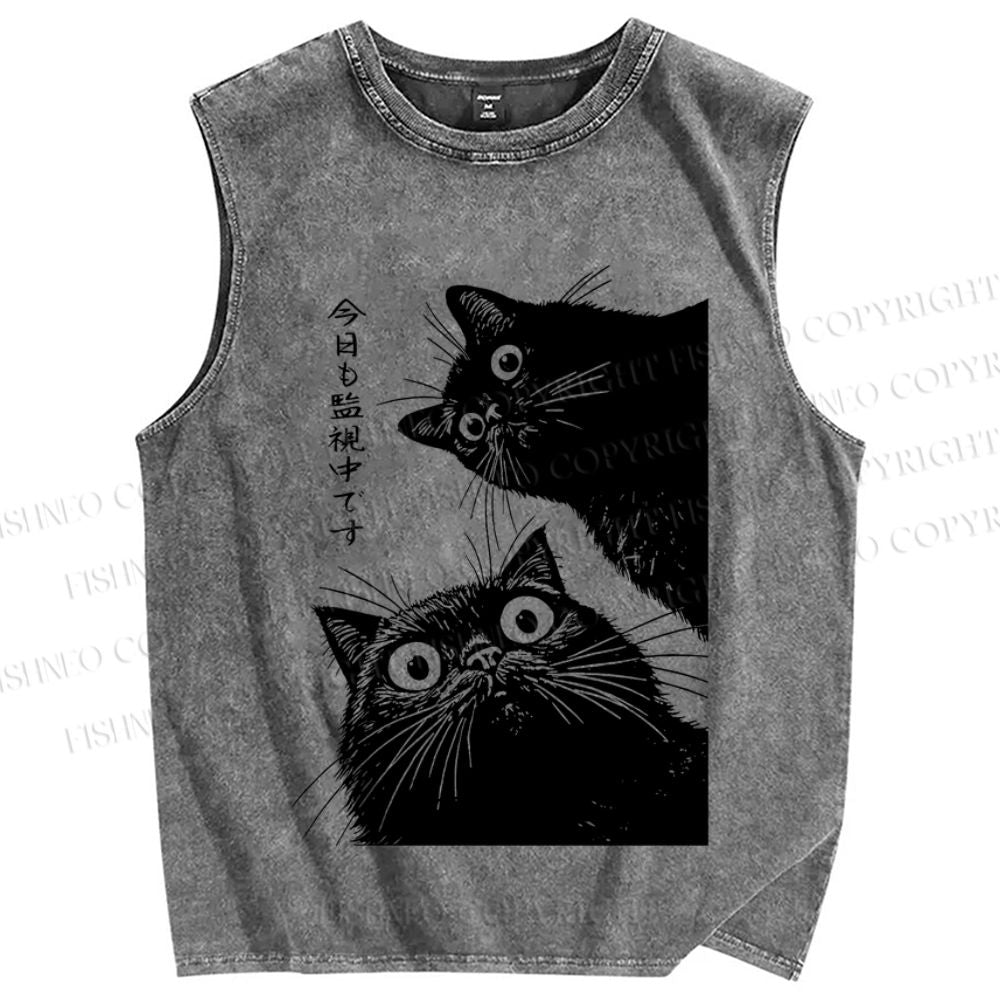 Unisex The Cat is Watching Today Printed Washed Tank Top