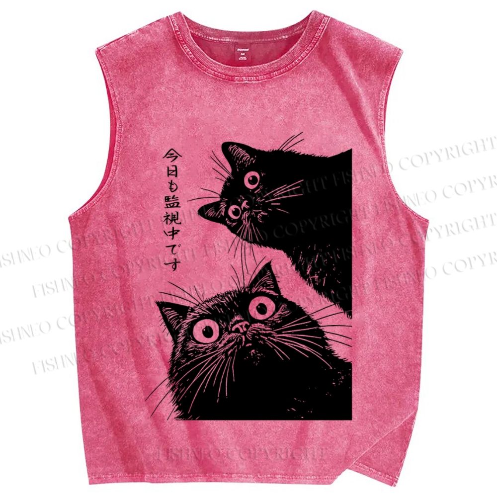 Unisex The Cat is Watching Today Printed Washed Tank Top