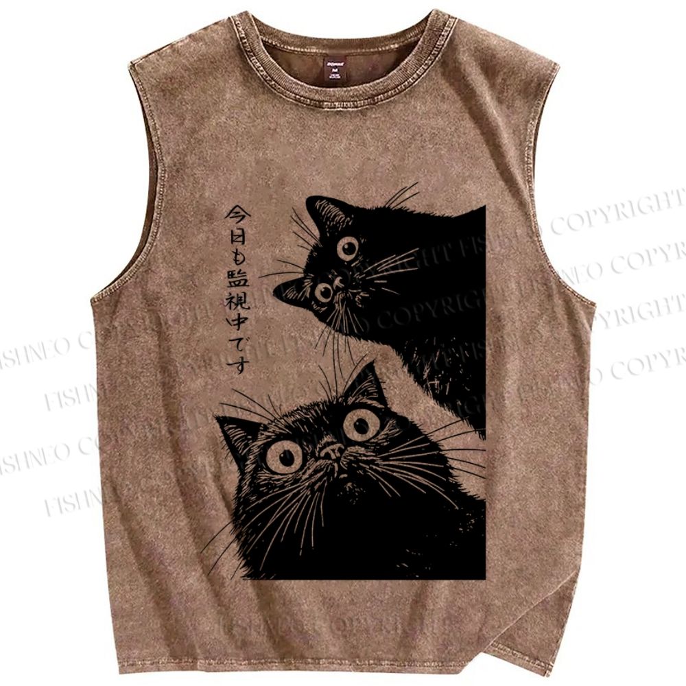 Unisex The Cat is Watching Today Printed Washed Tank Top