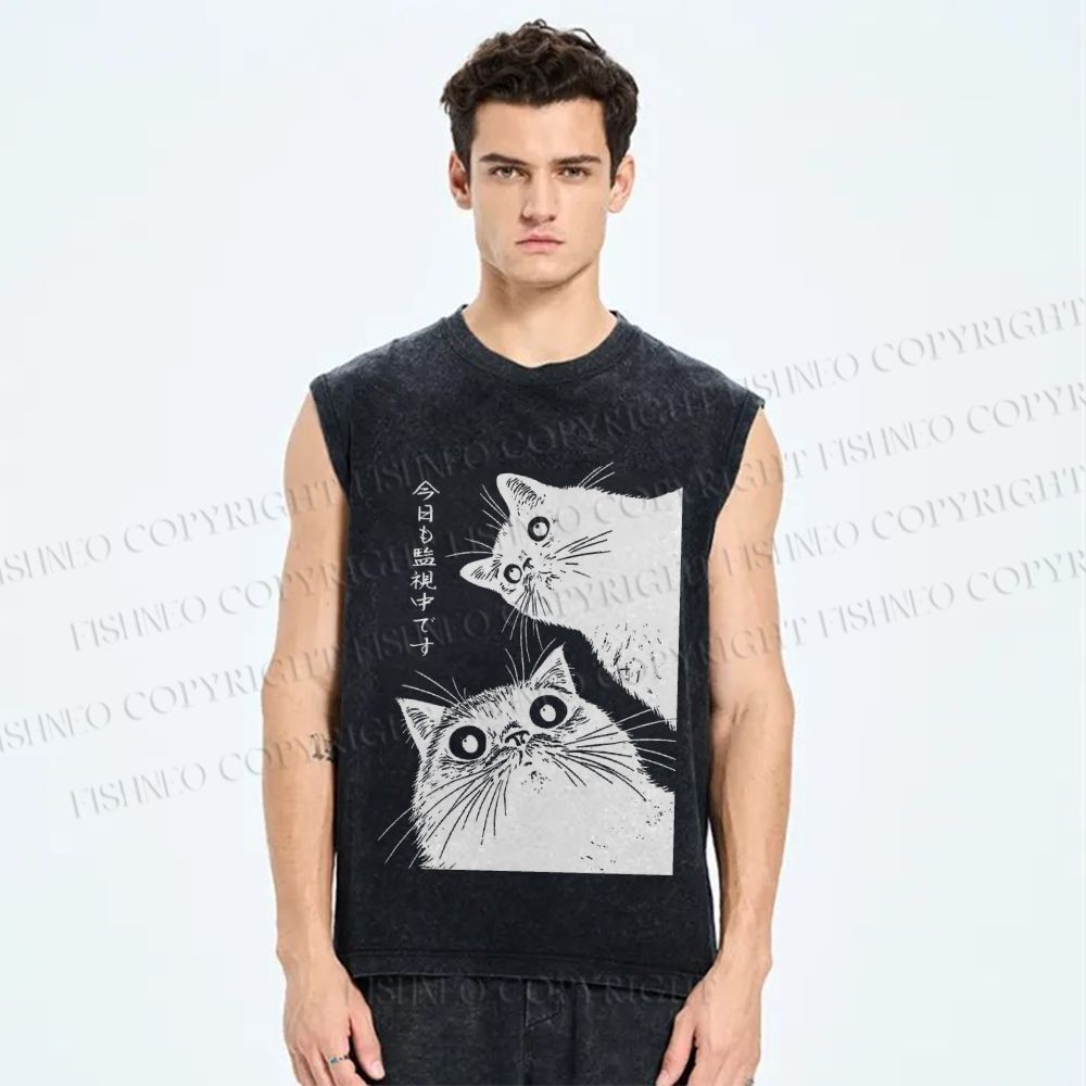 Unisex The Cat is Watching Today Printed Washed Tank Top