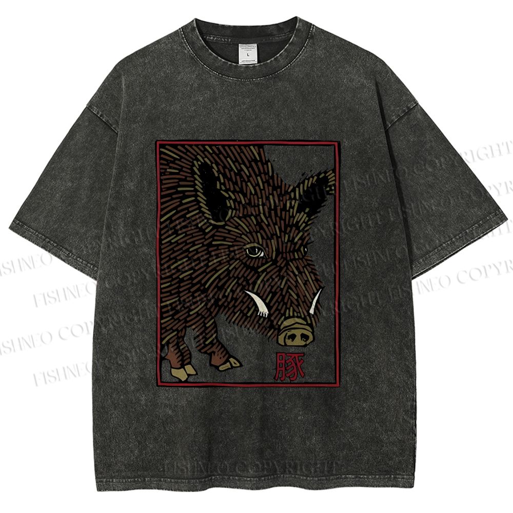 Unisex Woodcut Pig Printed Washed Tee