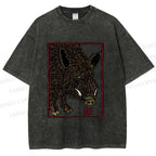 Unisex Woodcut Pig Printed Washed Tee