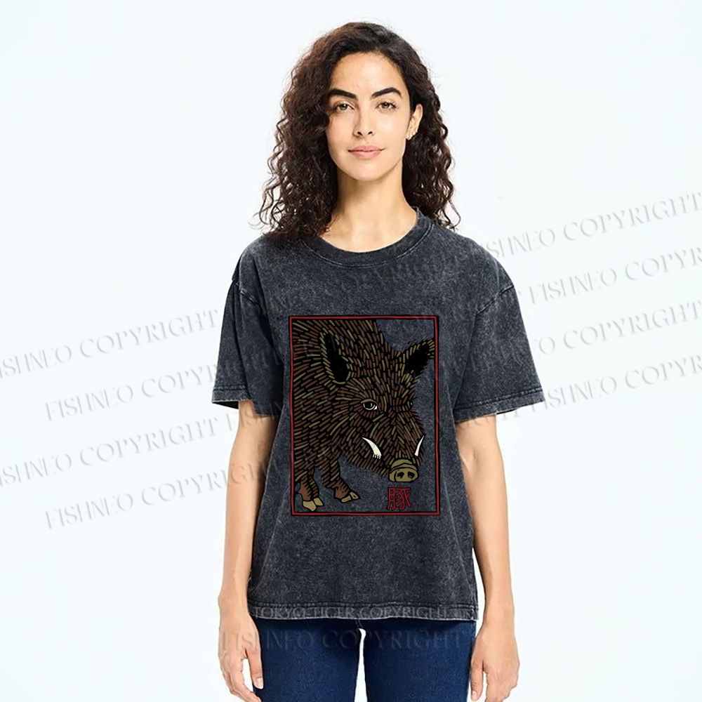 Unisex Woodcut Pig Printed Washed Tee