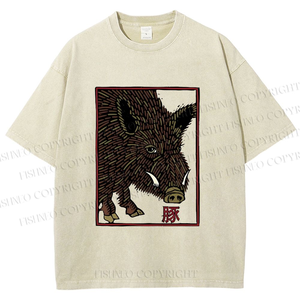 Unisex Woodcut Pig Printed Washed Tee