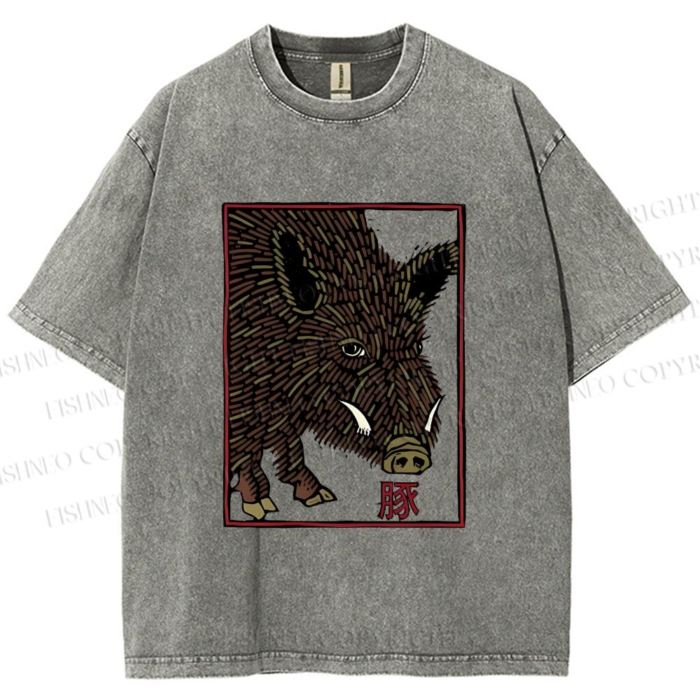 Unisex Woodcut Pig Printed Washed Tee