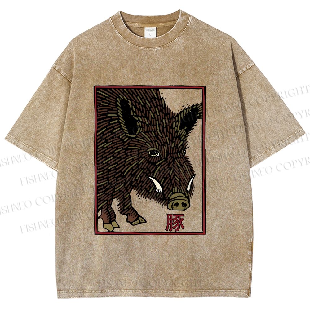 Unisex Woodcut Pig Printed Washed Tee