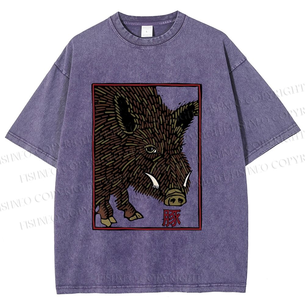 Unisex Woodcut Pig Printed Washed Tee