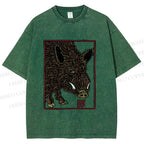 Unisex Woodcut Pig Printed Washed Tee