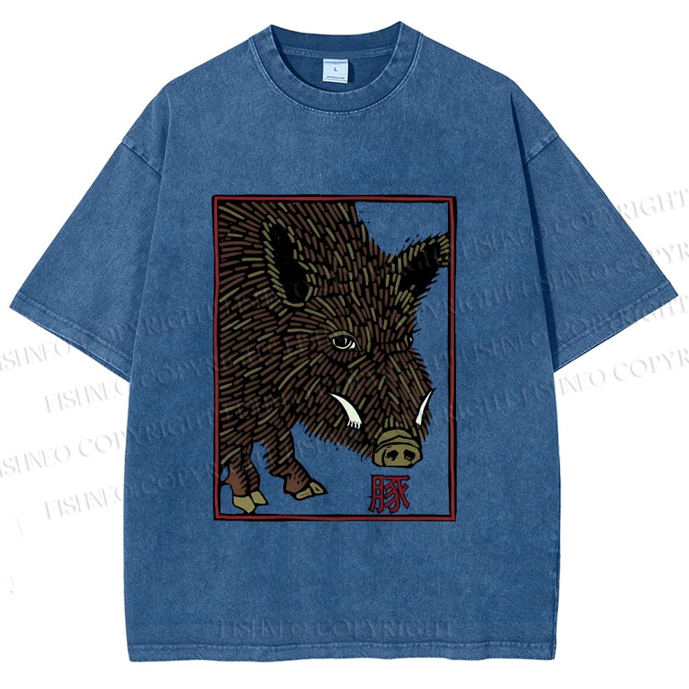 Unisex Woodcut Pig Printed Washed Tee