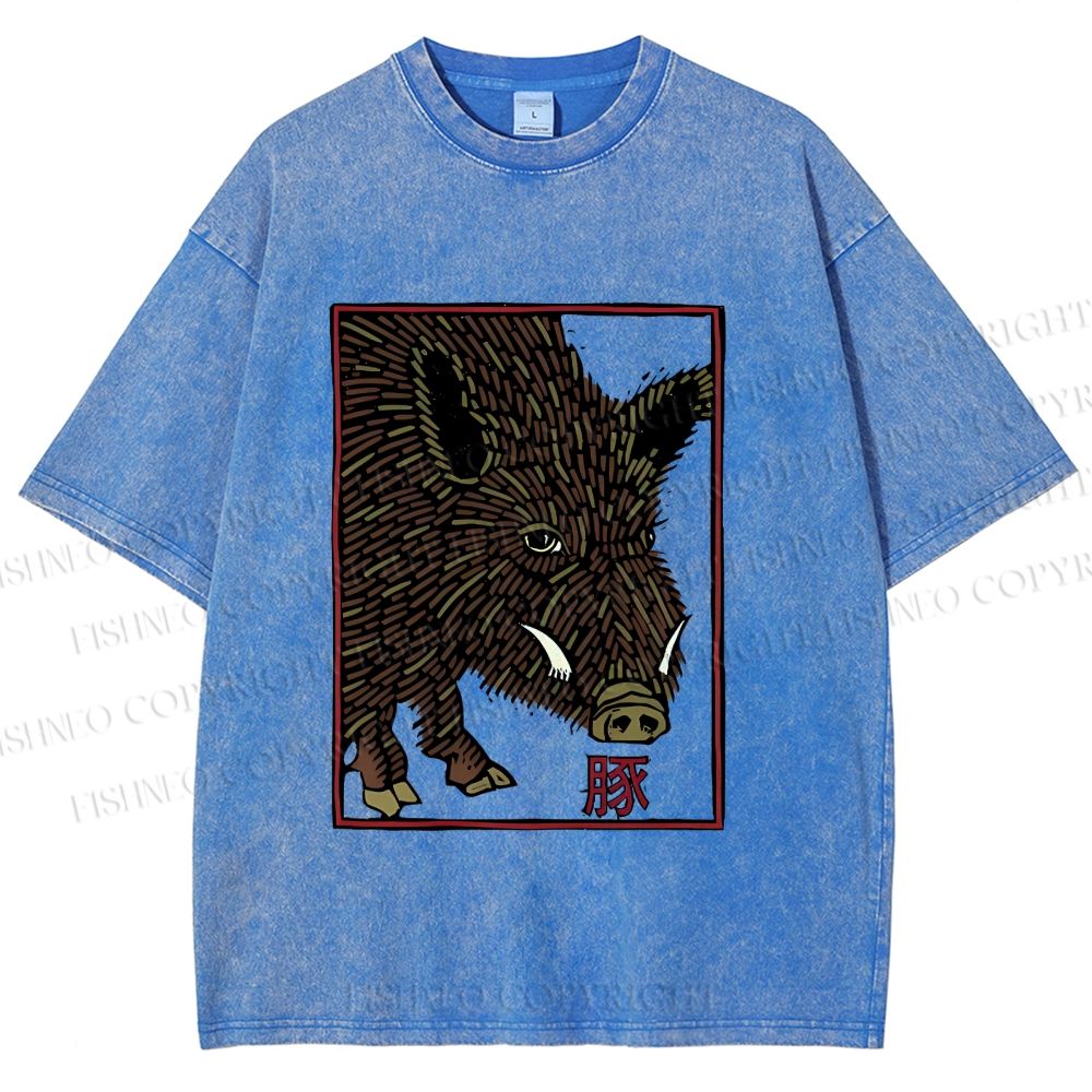 Unisex Woodcut Pig Printed Washed Tee