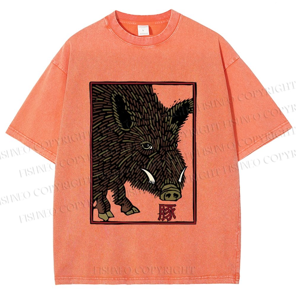 Unisex Woodcut Pig Printed Washed Tee