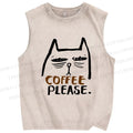 Unisex Coffee Cat Printed Washed Tank Top