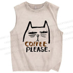 Unisex Coffee Cat Printed Washed Tank Top