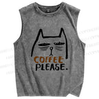 Unisex Coffee Cat Printed Washed Tank Top