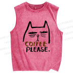 Unisex Coffee Cat Printed Washed Tank Top