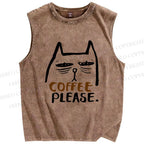 Unisex Coffee Cat Printed Washed Tank Top