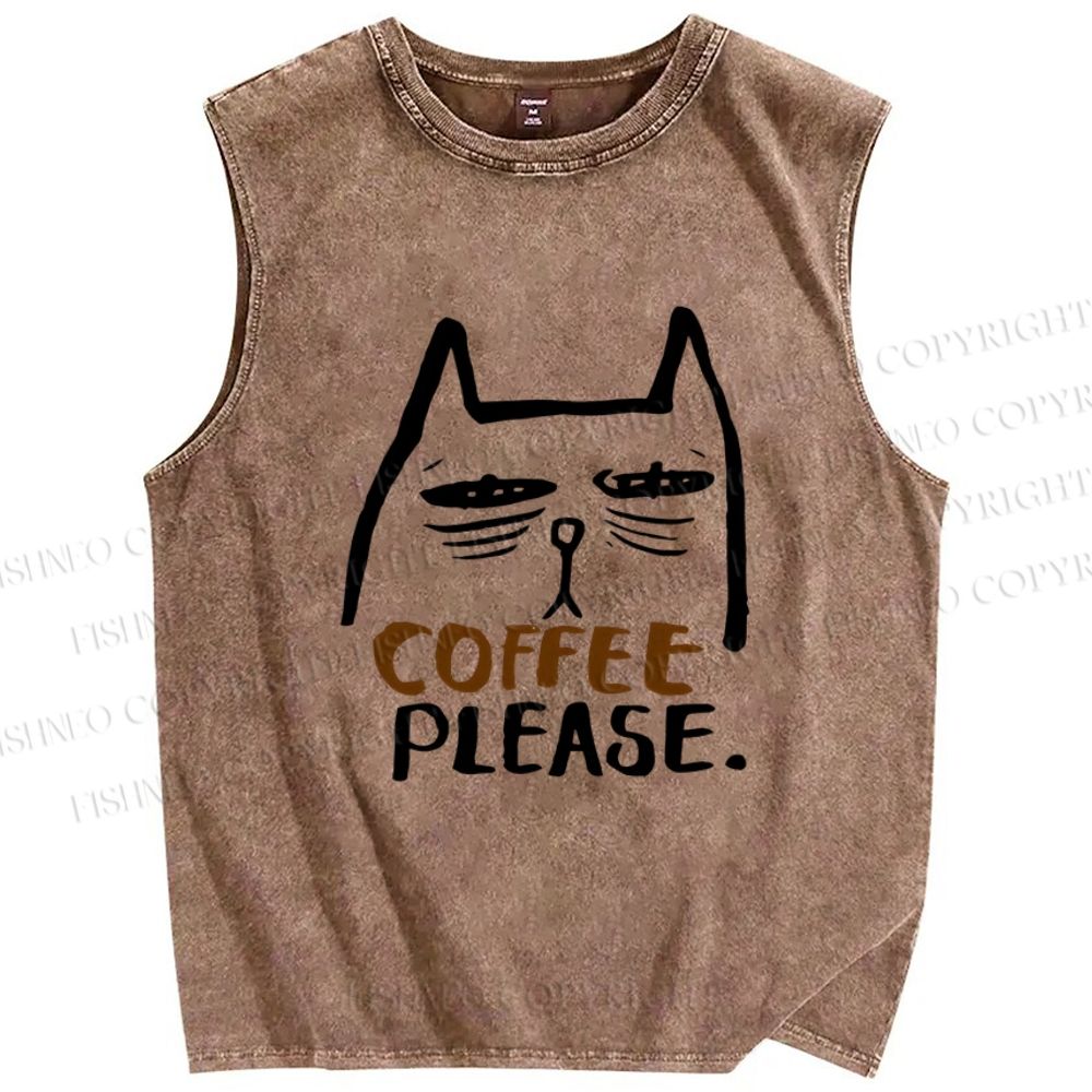 Unisex Coffee Cat Printed Washed Tank Top