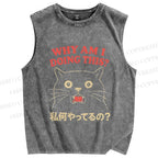 Unisex Why Am I Doing This Cat Printed Washed Tank Top