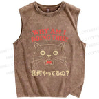Unisex Why Am I Doing This Cat Printed Washed Tank Top
