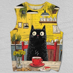 Unisex Black Cat In Coffee House Printed Tank Top