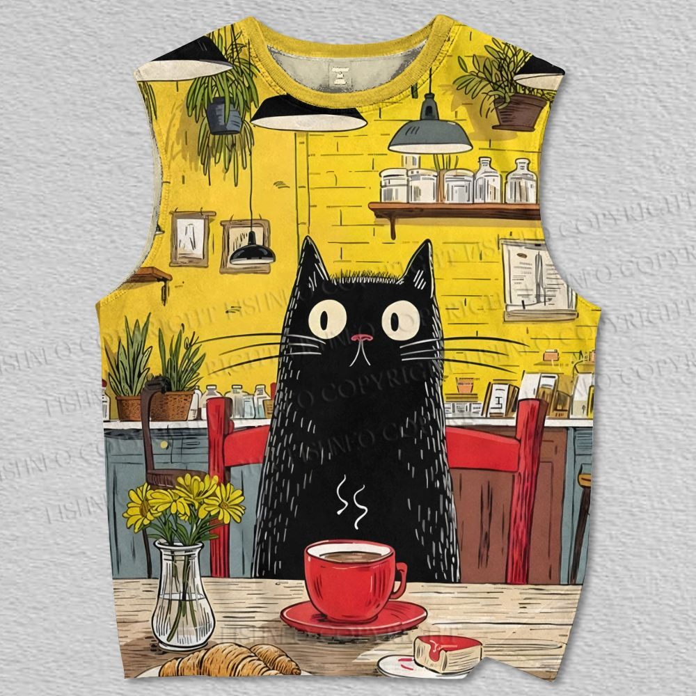 Unisex Black Cat In Coffee House Printed Tank Top