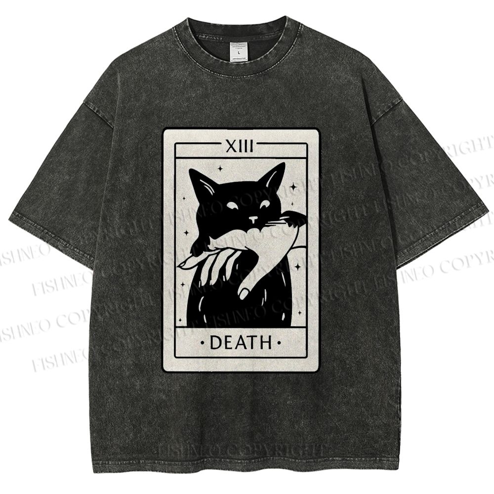 Unisex Black Cat Tarot Card Printed Washed Tee