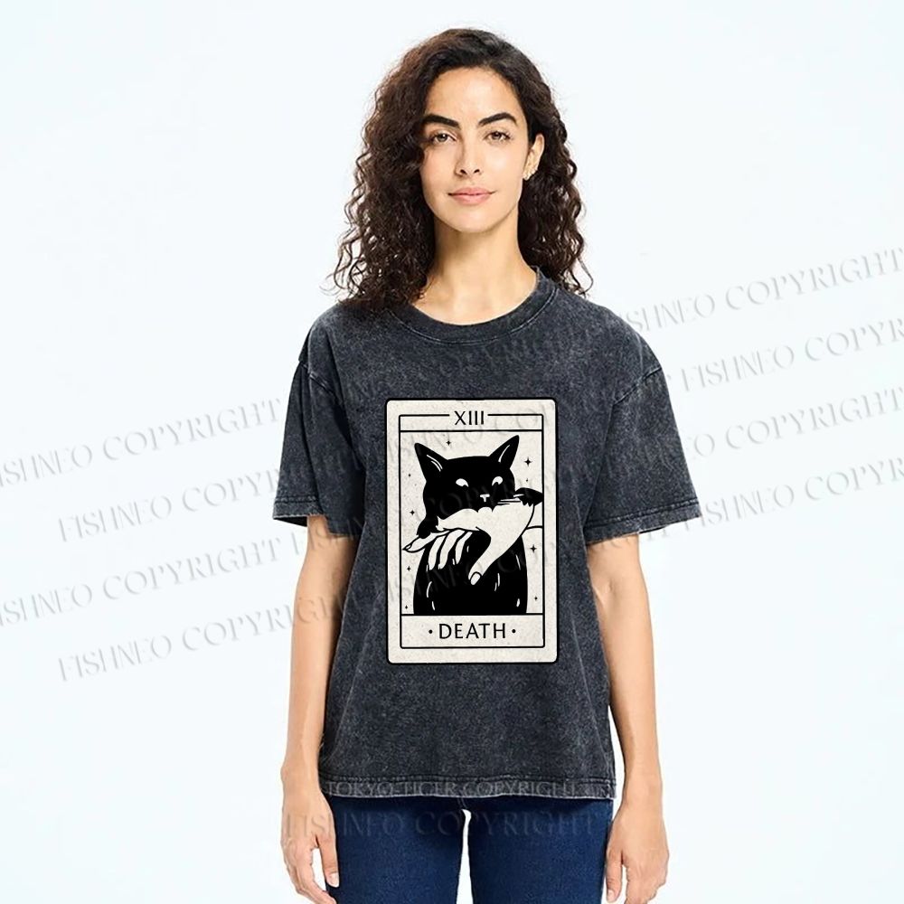 Unisex Black Cat Tarot Card Printed Washed Tee