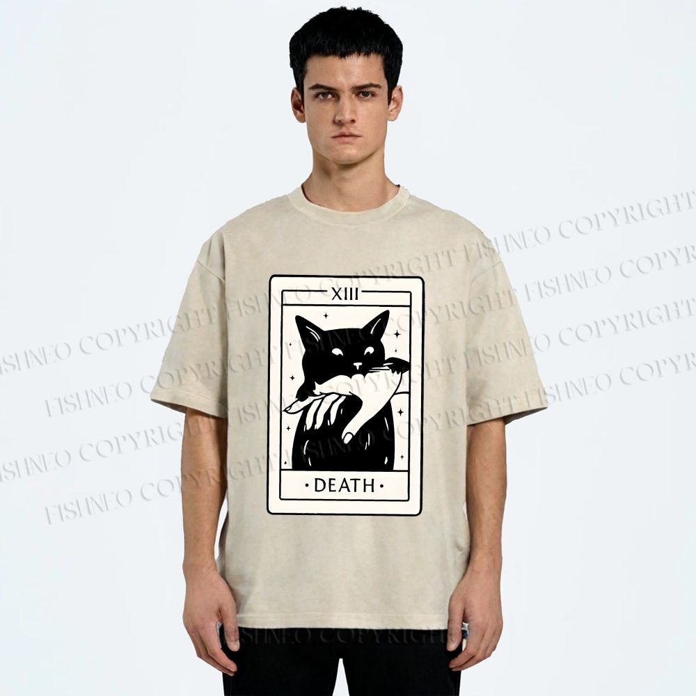 Unisex Black Cat Tarot Card Printed Washed Tee