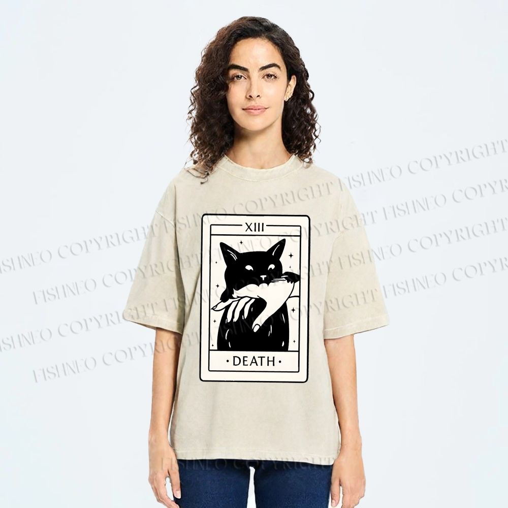Unisex Black Cat Tarot Card Printed Washed Tee