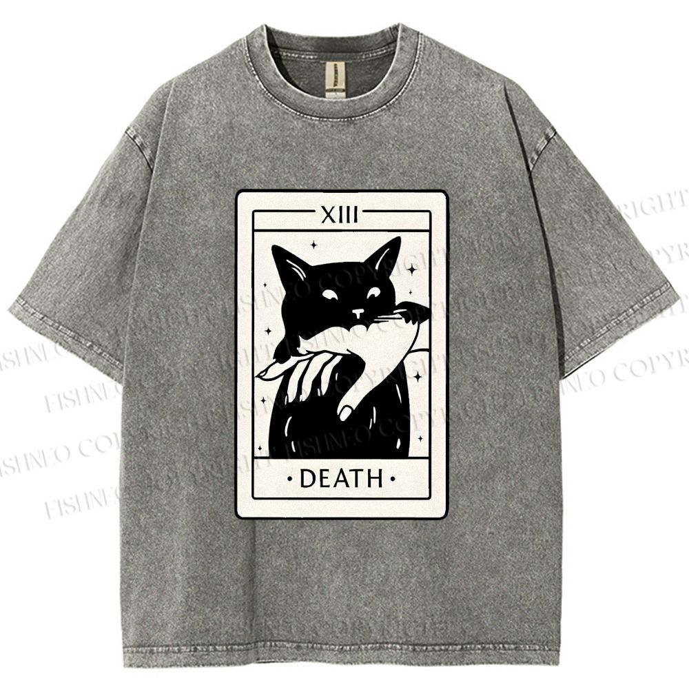 Unisex Black Cat Tarot Card Printed Washed Tee
