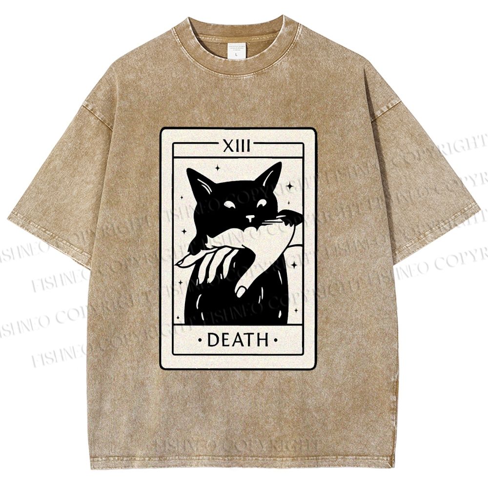 Unisex Black Cat Tarot Card Printed Washed Tee