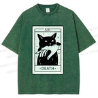 Unisex Black Cat Tarot Card Printed Washed Tee