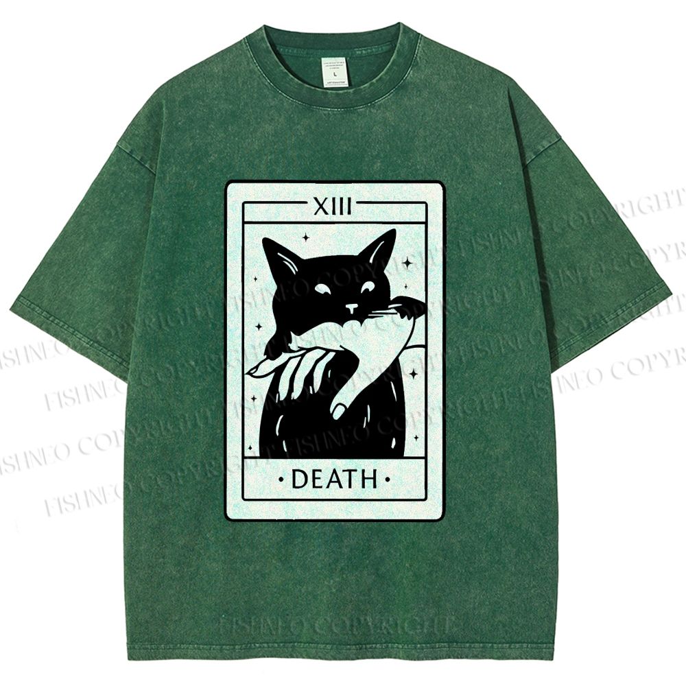 Unisex Black Cat Tarot Card Printed Washed Tee