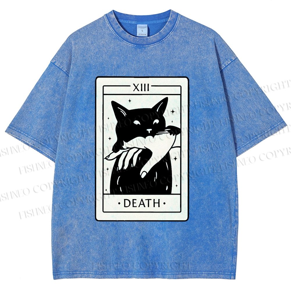 Unisex Black Cat Tarot Card Printed Washed Tee