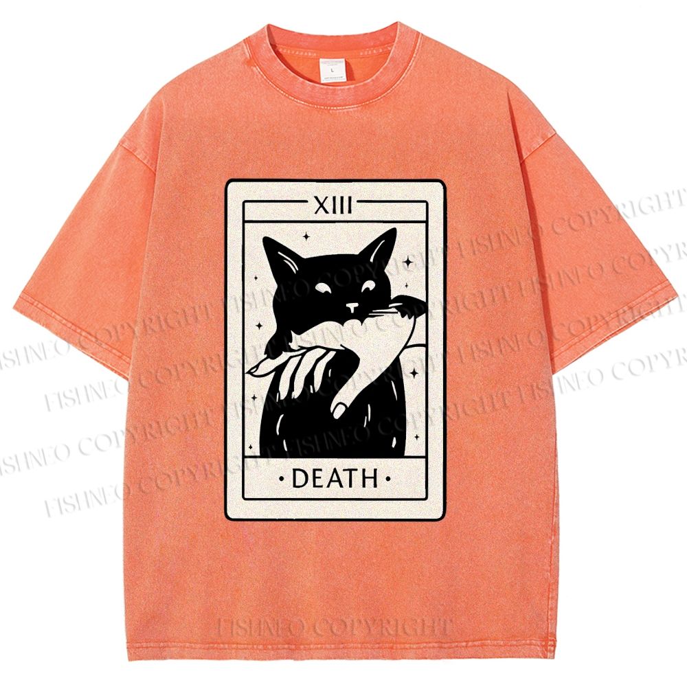 Unisex Black Cat Tarot Card Printed Washed Tee