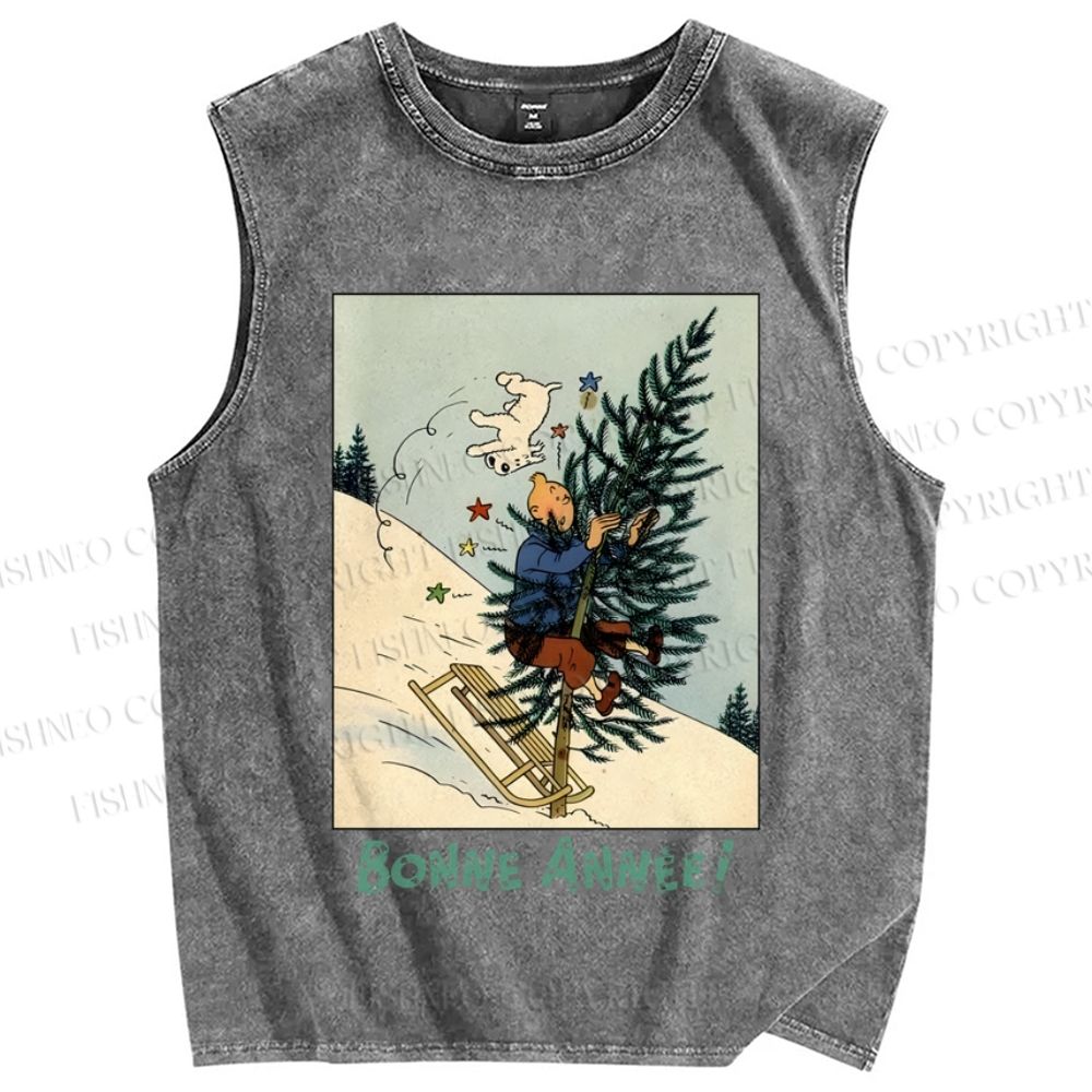 Unisex The Adventures of Tintin Sliding On Christmas Tree Printed Washed Tank Top