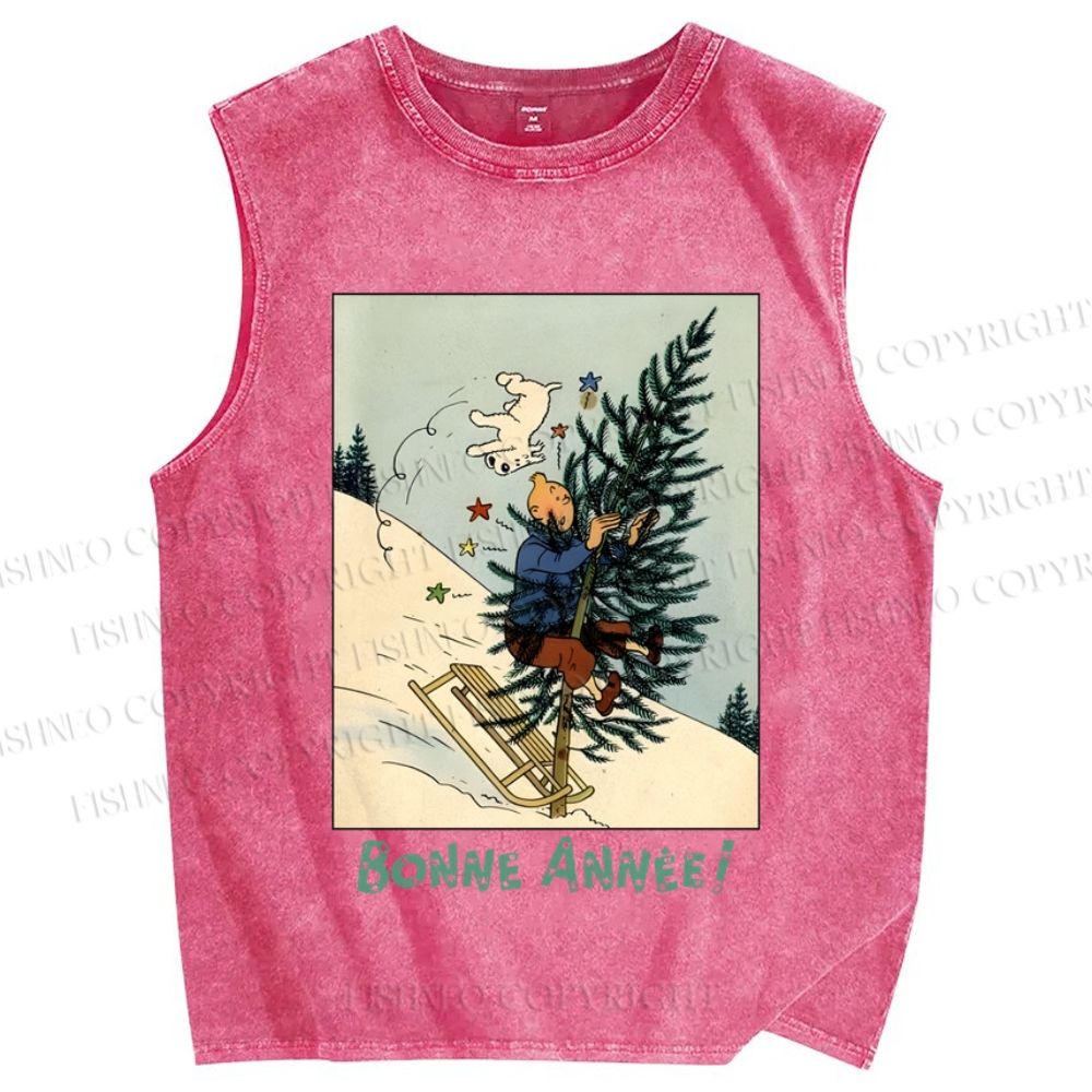 Unisex The Adventures of Tintin Sliding On Christmas Tree Printed Washed Tank Top