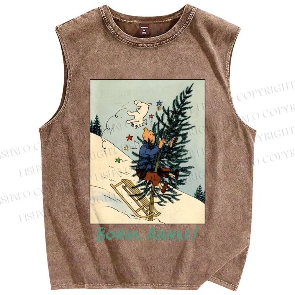 Unisex The Adventures of Tintin Sliding On Christmas Tree Printed Washed Tank Top