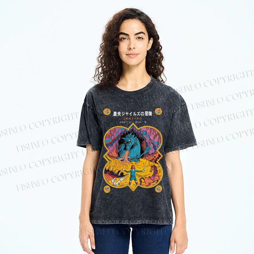 Unisex Japanese Tolkien LOTR Hobbit Printed Washed Tee