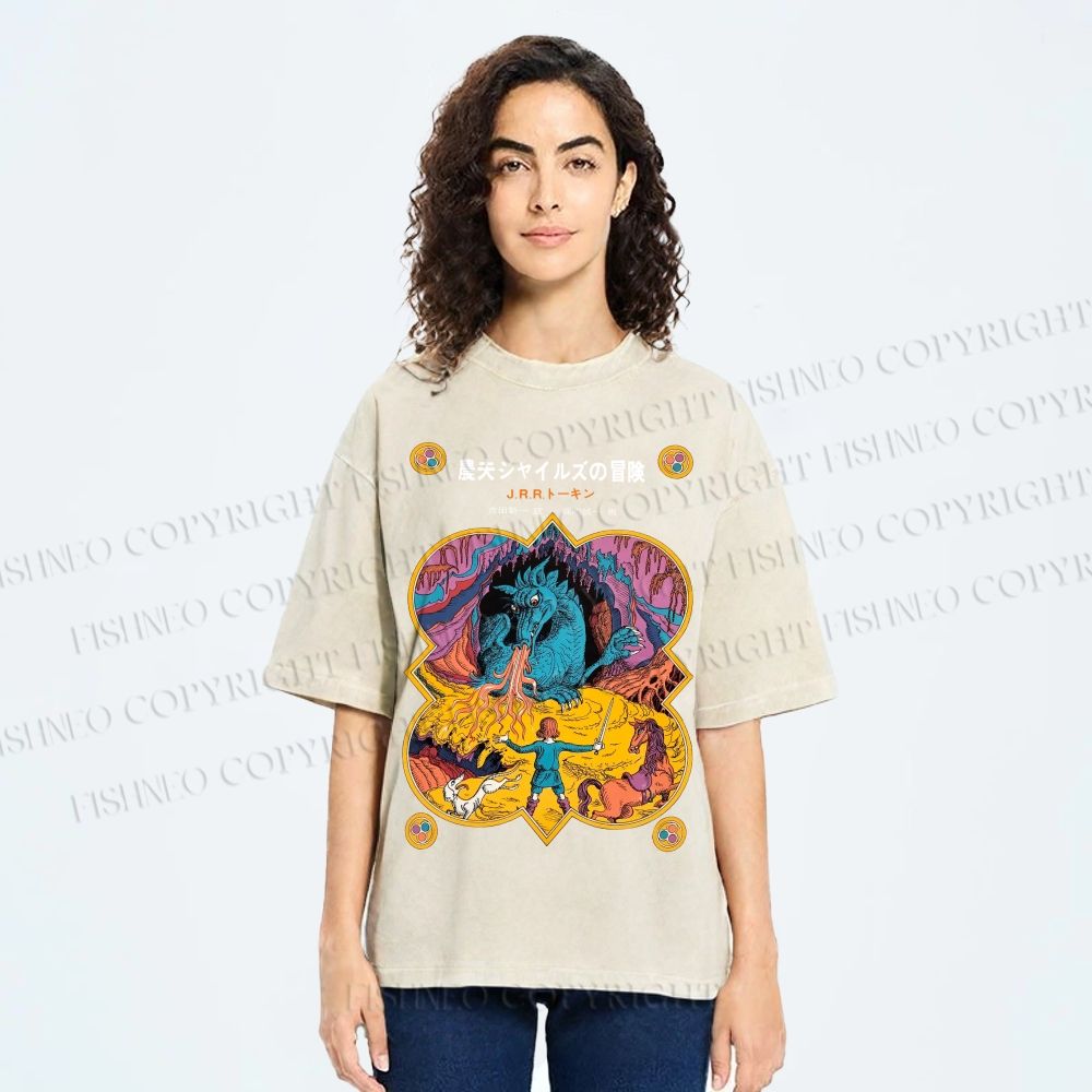 Unisex Japanese Tolkien LOTR Hobbit Printed Washed Tee