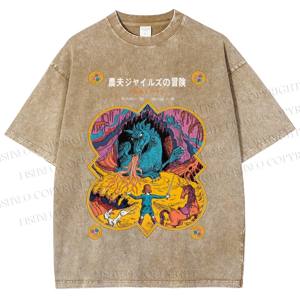 Unisex Japanese Tolkien LOTR Hobbit Printed Washed Tee
