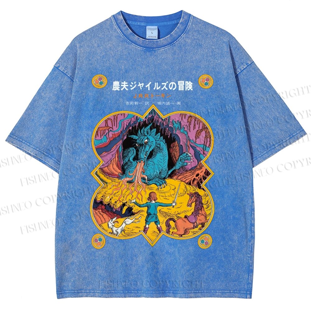 Unisex Japanese Tolkien LOTR Hobbit Printed Washed Tee