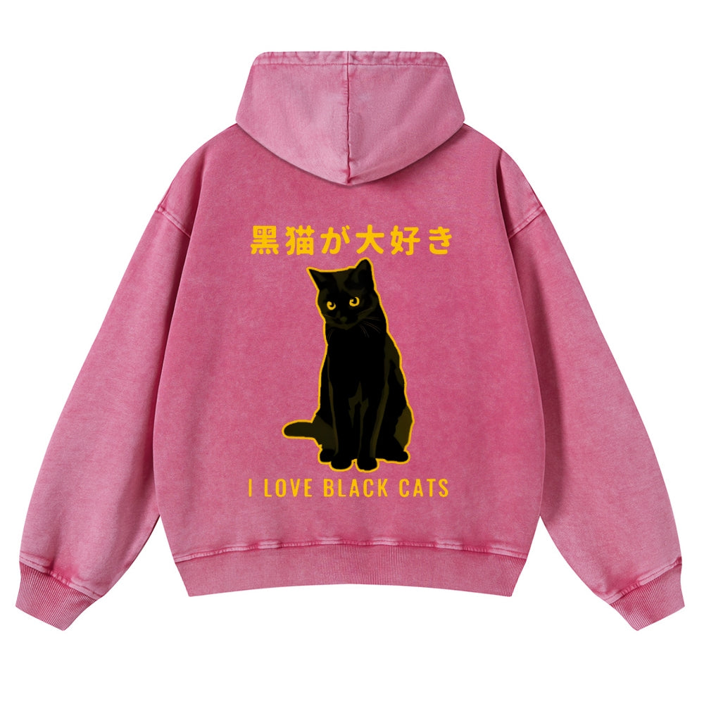 Black Cat Vintage Washed Cotton Back Art Hoodie