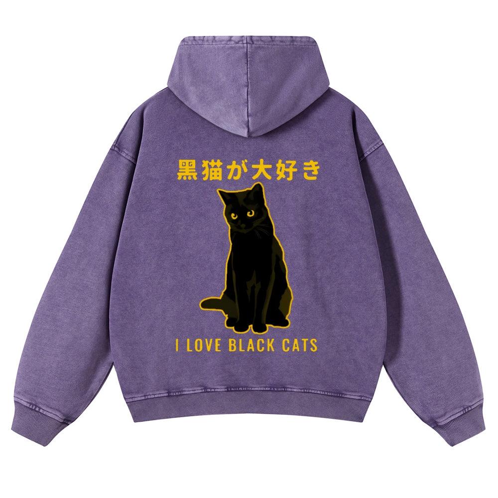 Black Cat Vintage Washed Cotton Back Art Hoodie