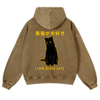 Black Cat Vintage Washed Cotton Back Art Hoodie
