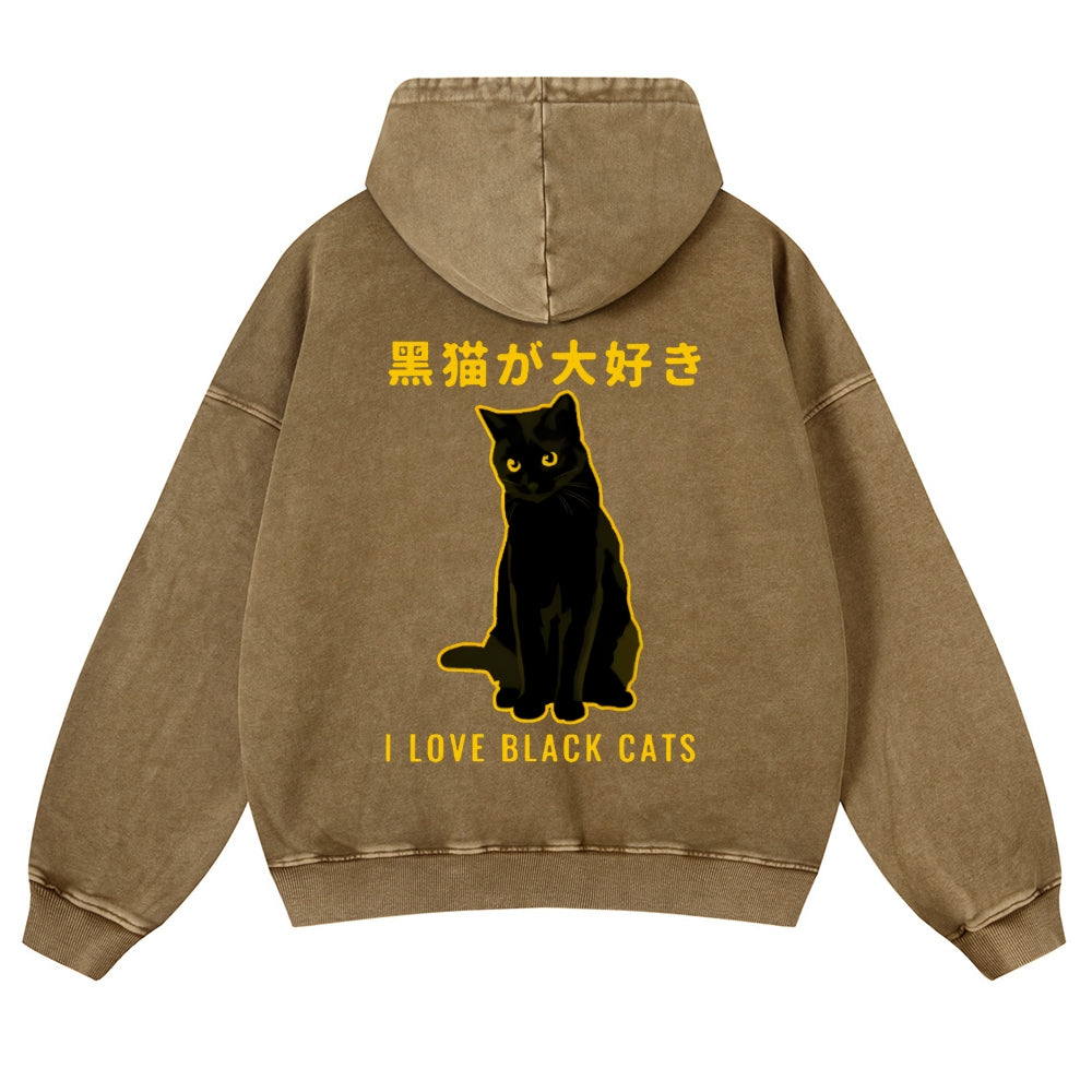 Black Cat Vintage Washed Cotton Back Art Hoodie