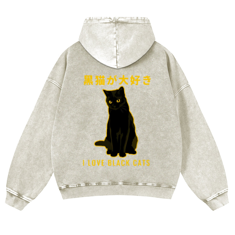 Black Cat Vintage Washed Cotton Back Art Hoodie