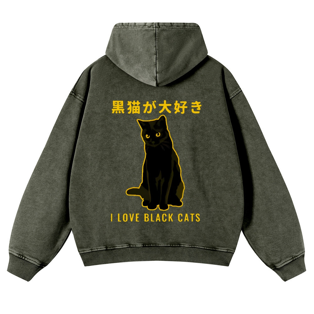 Black Cat Vintage Washed Cotton Back Art Hoodie