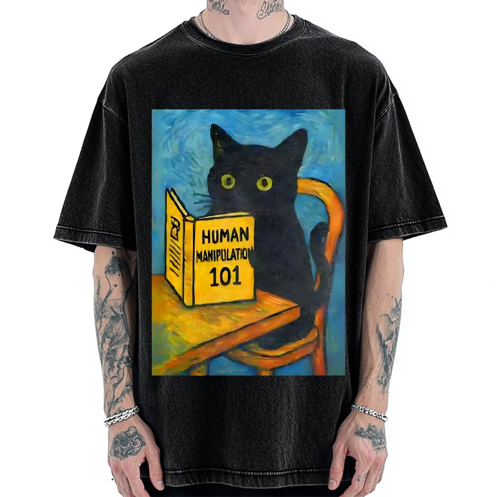 Black Cat Reading Funny Vintage Washed T-shirt